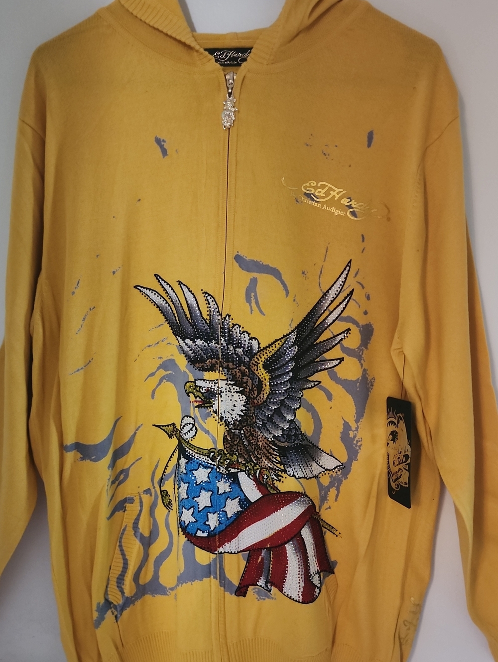 BNWT ED HARDY  ZIPPERED HOODIE $279 XL GOLD WITH SEQUINED EAGLE FRONT CROSS BACK